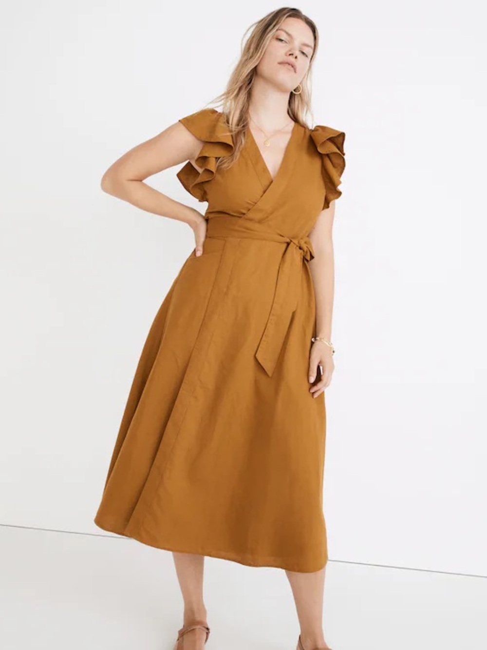 Madewell Linen Blend Ruffle Sleeve Wrap Midi Dress Antique Gold L